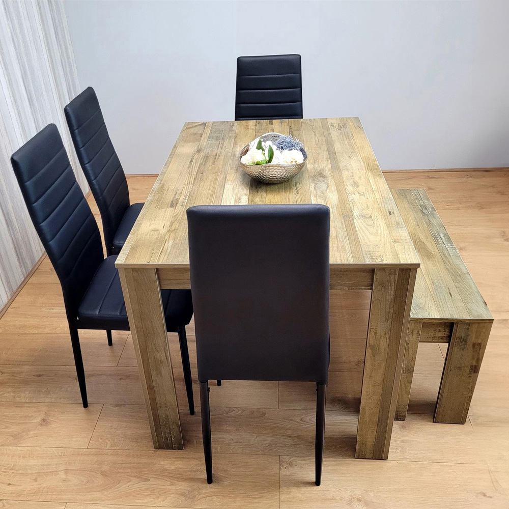 Portland 6 Seater Leather Dining Set Wood Effect and Black with Bench Image 1