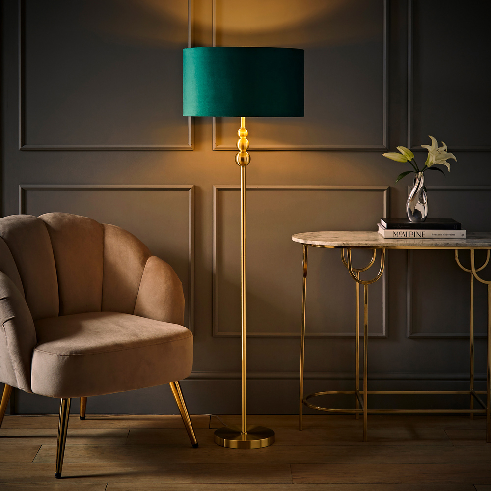 ValueLight Marissa Forest Green Velvet Gold Inner Shade Gold Stacked Ball LED Floor Lamp Image 6
