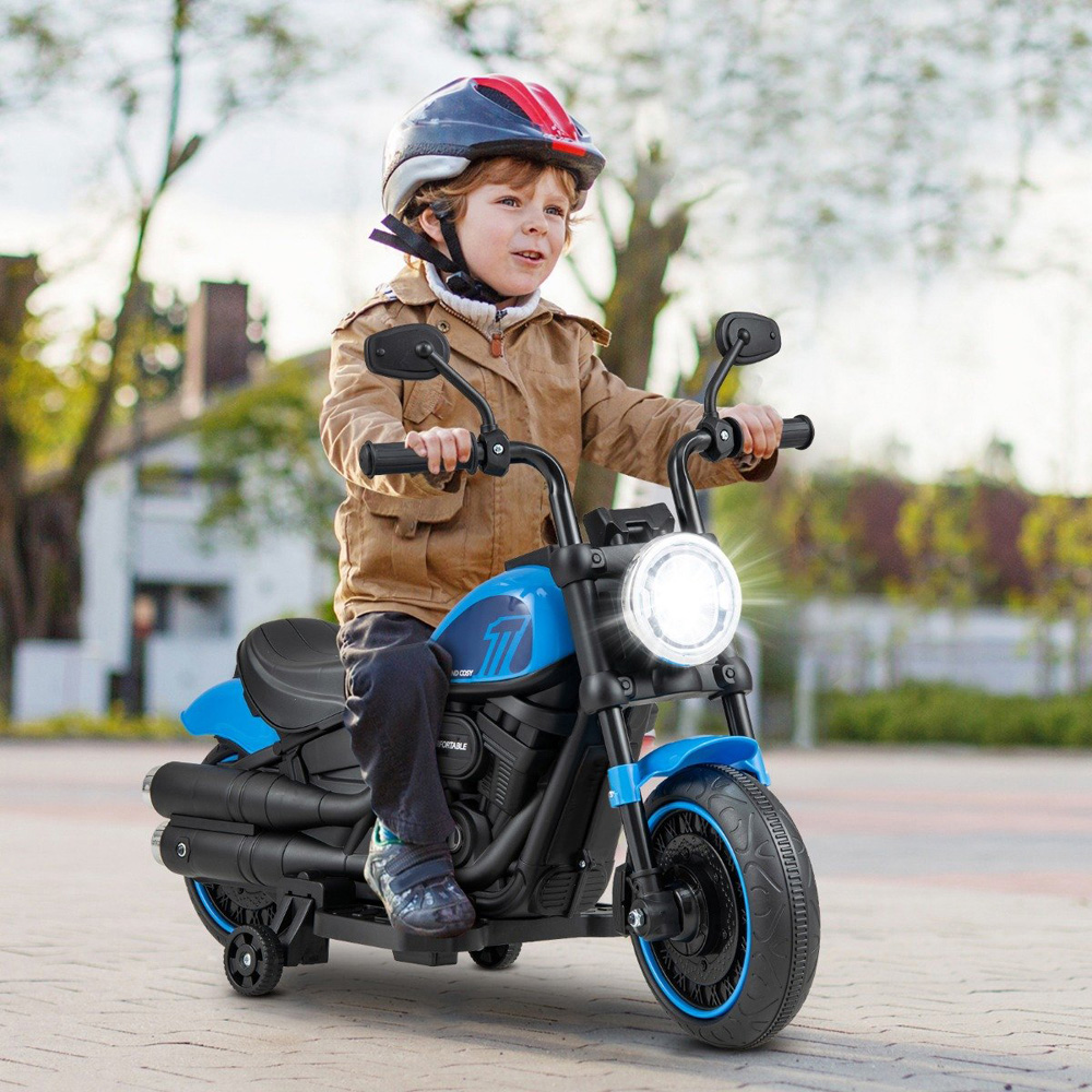 Costway Kids Navy Ride On Motorcycle with Training Wheels and Headlight 6V Image 7