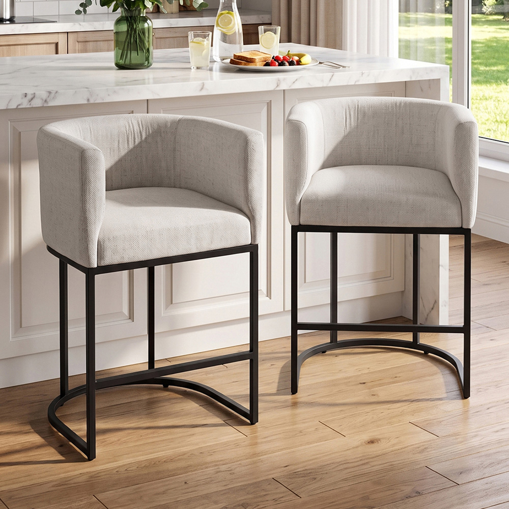 Living and Home Beige Chenille Bar Stool with Armrest Set of 2 Image 8