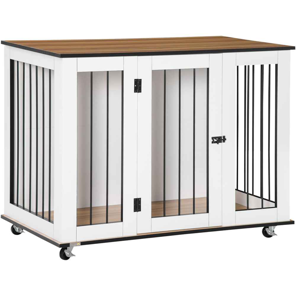 PawHut White Lare Dog Pet Crate Side Table with Wheels Image 1