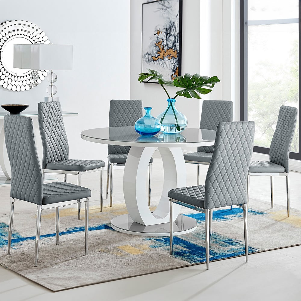 Furniturebox Lucia Valera 6 Seater Round Dining Set Grey Gloss Elephant Grey and Chrome Image 1