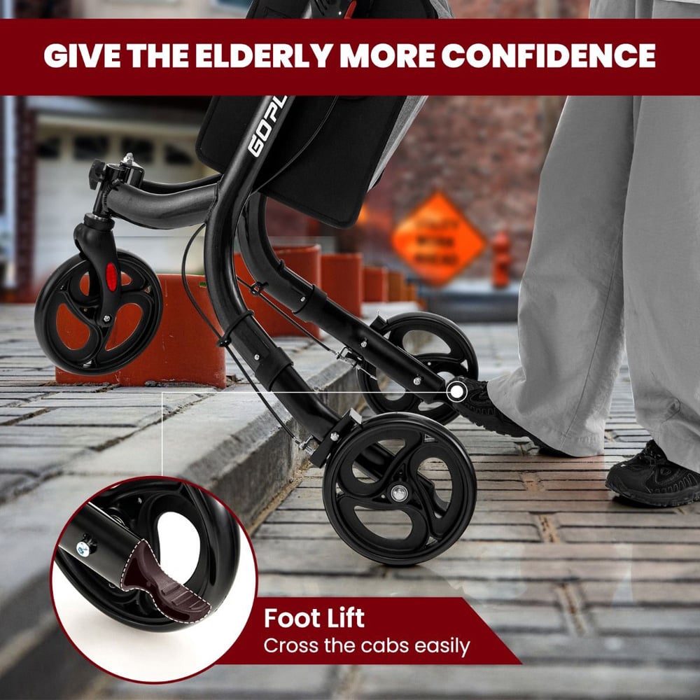 Costway Black Folding Aluminium Rolling Walker with Zippered Storage Bag Image 4