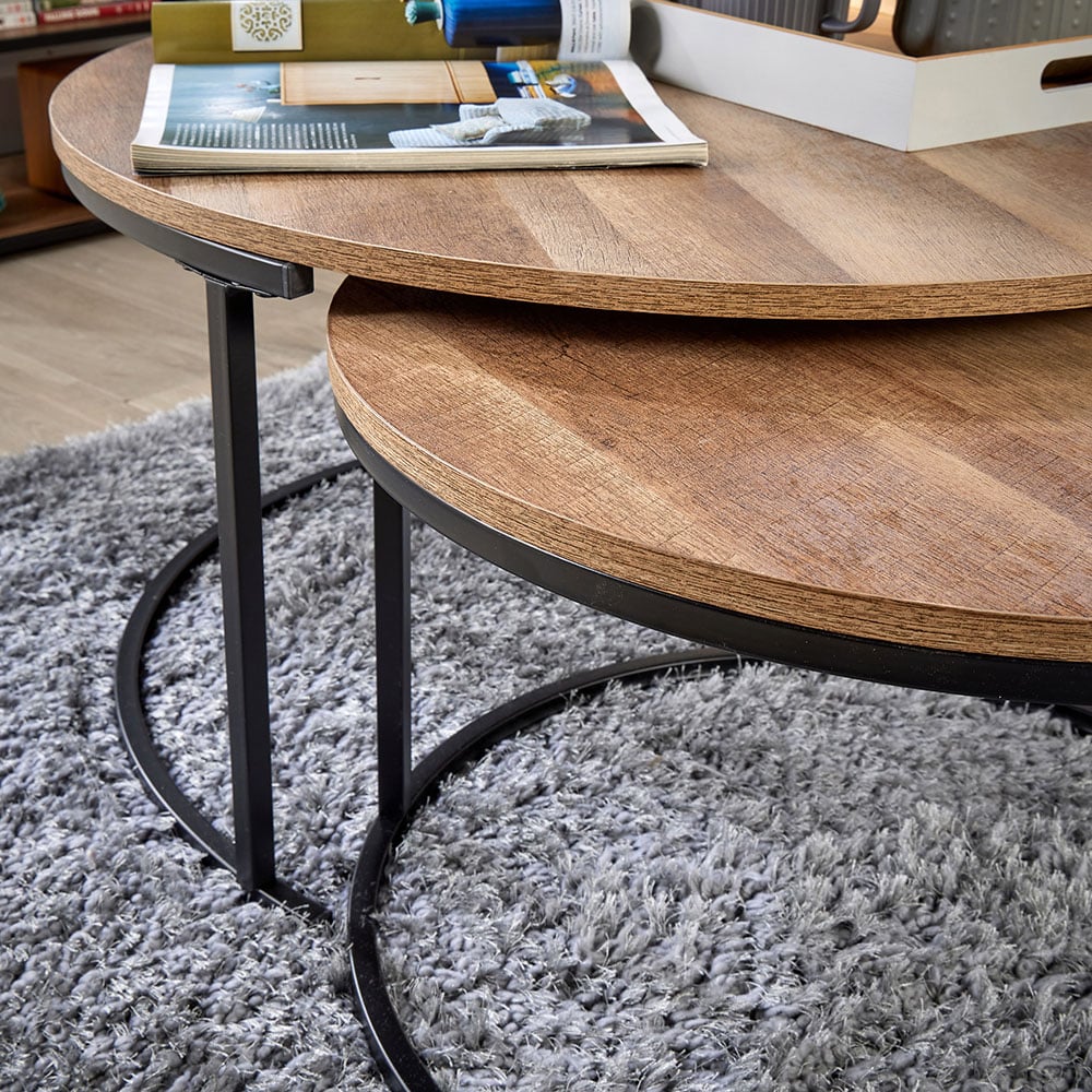 Home Source Oakmere Black and Oak Effect Round Nest of Tables Set of 2 Image 4