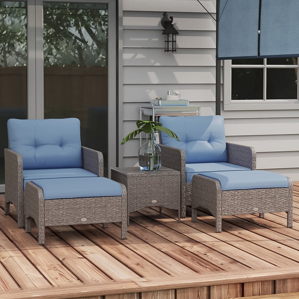 Outsunny 2 Seater Blue Rattan Lounge Set with Foot Stool Image 1