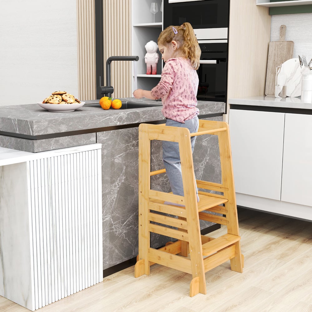 Costway Montessori Natural Toddlers Kitchen Step Stool with Safety Rail Image 5