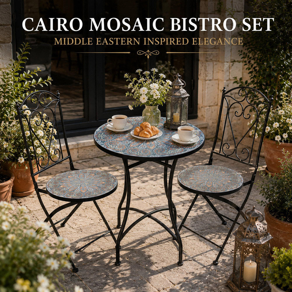 Shatchi Cairo 2 Seater Mosaic Ceramic Tile Top Foldable Bistro Set Image 6