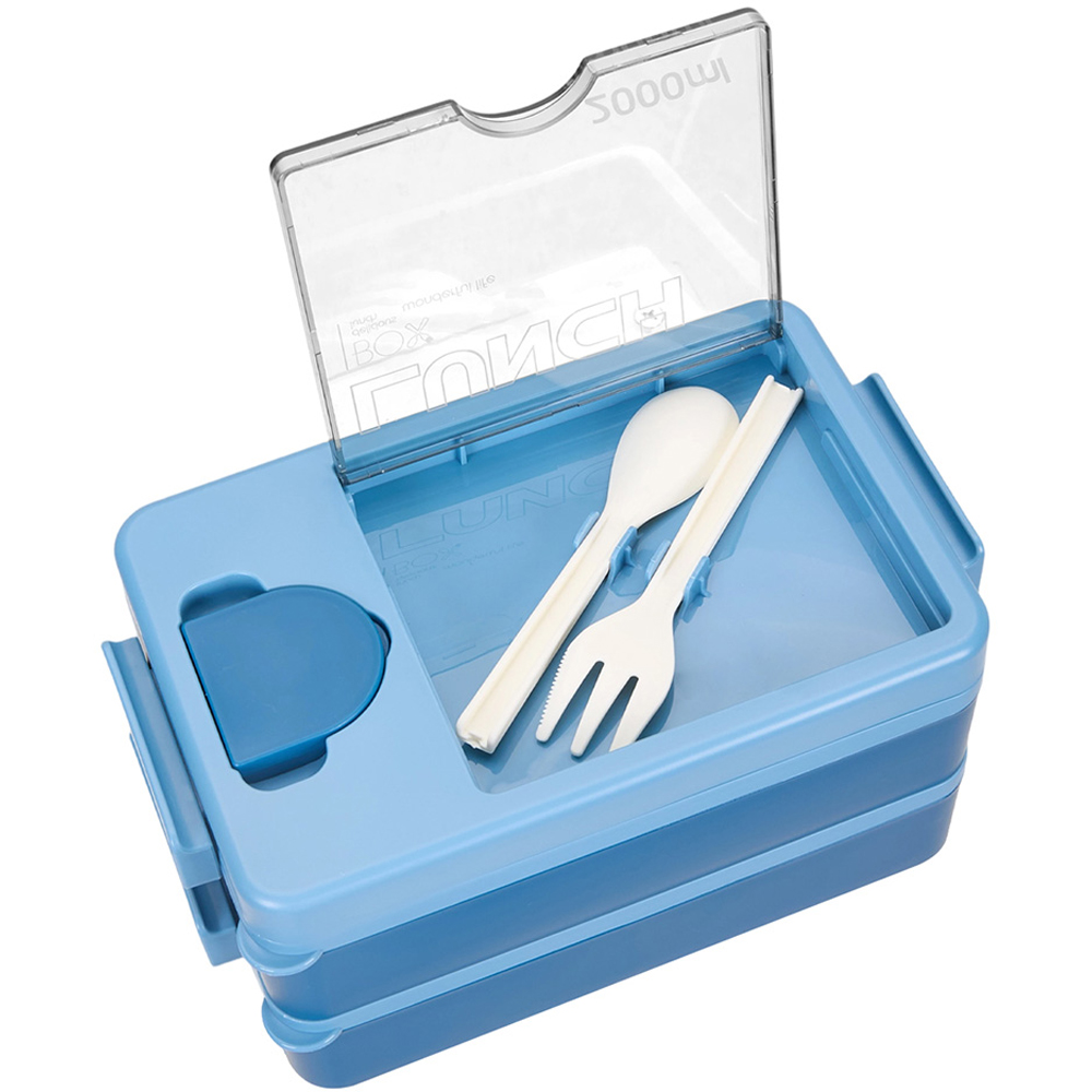 Living and Home 2L 2-Tier Blue Lunch Box with Cutlery and Sauce Container Image 4