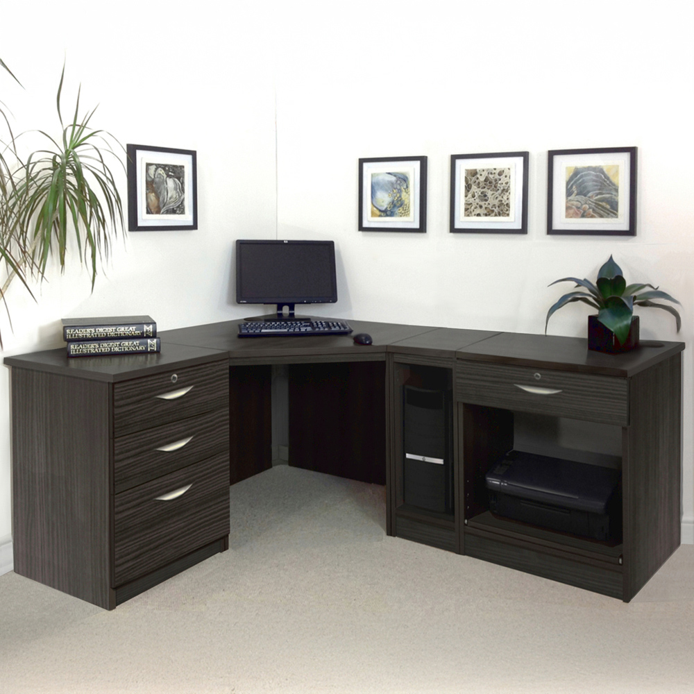 R White Cabinets 4 Drawer Corner Set-18 Computer Desk with Printer Shelf Black Image 1