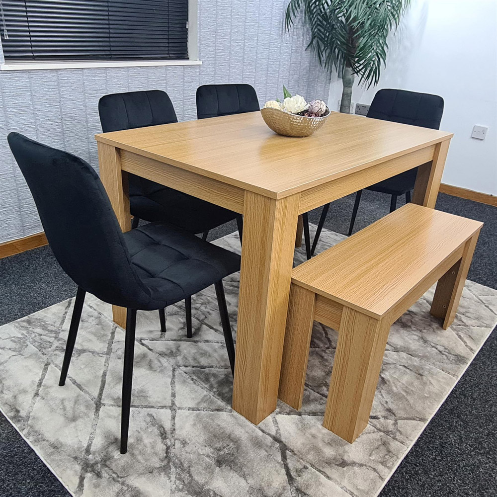 Portland 6 Seater Velvet Dining Bench Set Oak Effect and Black Image 5