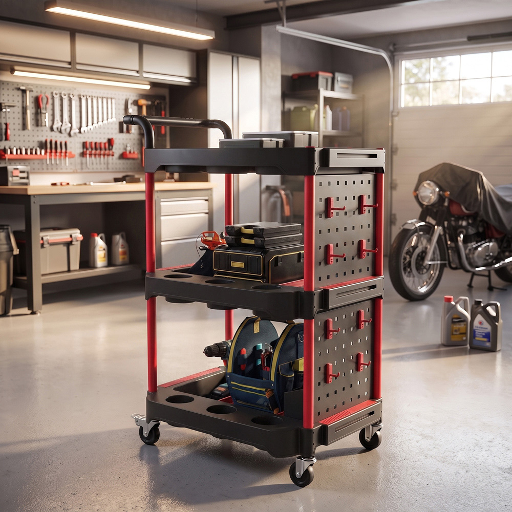 HOMCOM 3-Tier Black and Red Rolling Tool Cart with Pegboard and Hooks Image 2