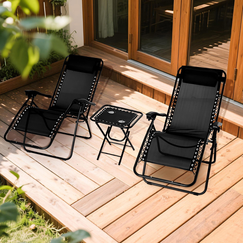 Alivio Set of 2 Black Heavy Duty Teslin Zero Gravity Reclining Chair with Coffee Table Image 3