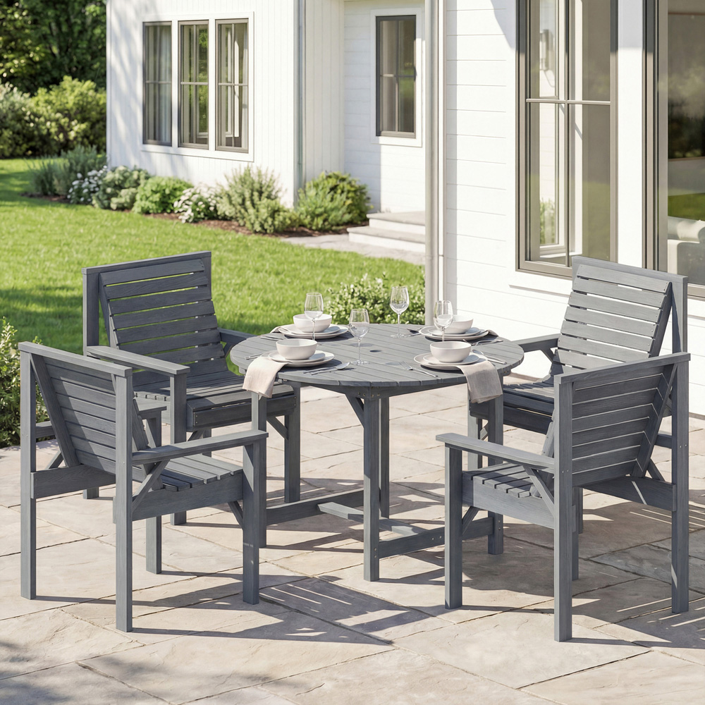 Outsunny 4 Seater Wooden Round Garden Dining Set with Parasol Hole Grey Image 1
