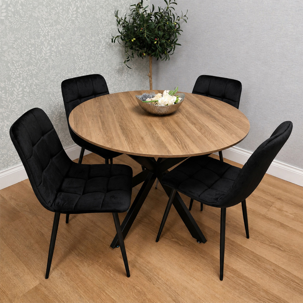 Kosy Koala 4 Seater Wood Effect Velvet Round Dining Set Black Image 4