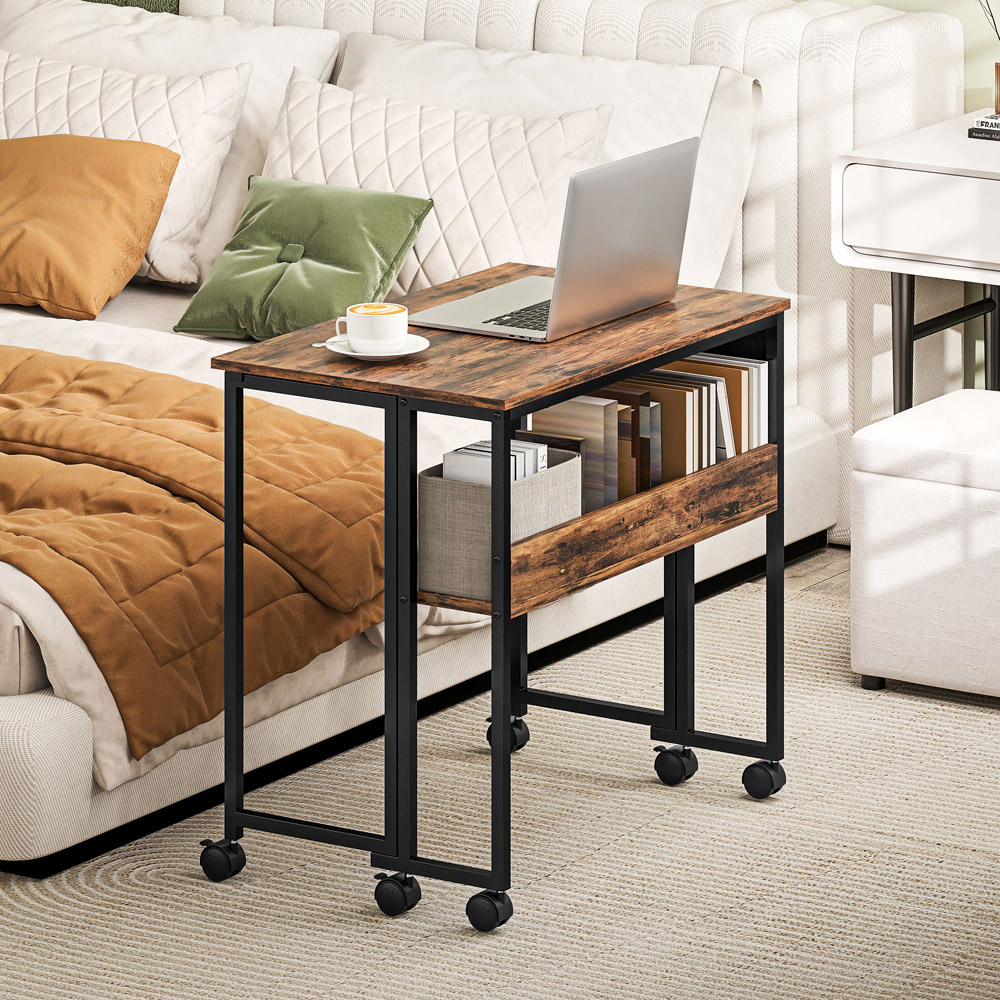 HOMCOM Single Shelf Foldable Computer Desk with Wheels and Side Bag Rustic Brown Image 7