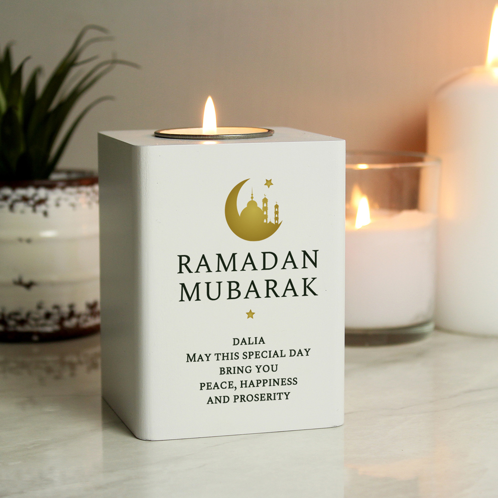Personalised Memento Personalised Eid and Ramadan White Wooden Tea light Holder Image 2