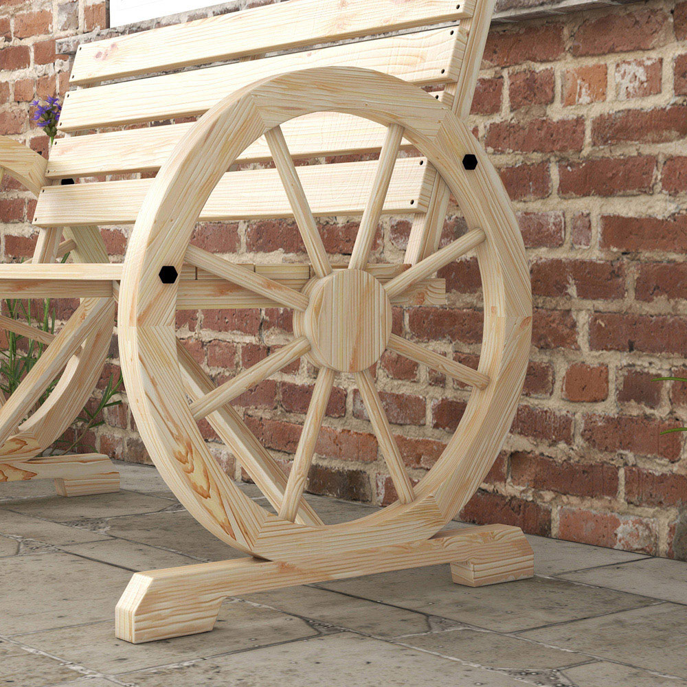 Outsunny 2 Seater Natural Garden Bench with Cart Wagon Wheel Image 3