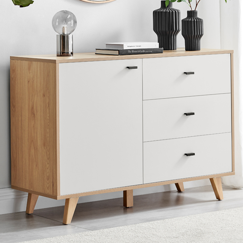 Furniturebox Billet Single Door 3 Drawer Off White and Wood Effect Medium Sideboard Image 1