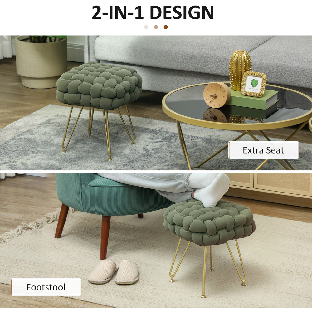 HOMCOM Green Woven Velvet Footstool with Metal Legs Image 6