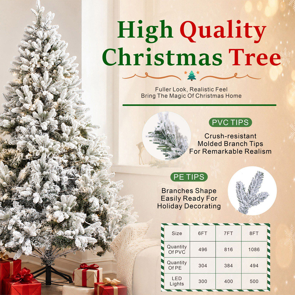 Abrihome 500 Warm White LED Pre-Lit Snow Flocked Artificial Christmas Tree with 1580 Mixed Tips 8ft Image 8