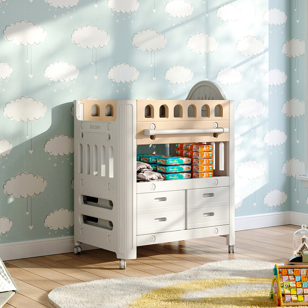 H&O Direct 4 Drawer Single Shelf Brown Rolling Baby Diaper Changing Table Image 5