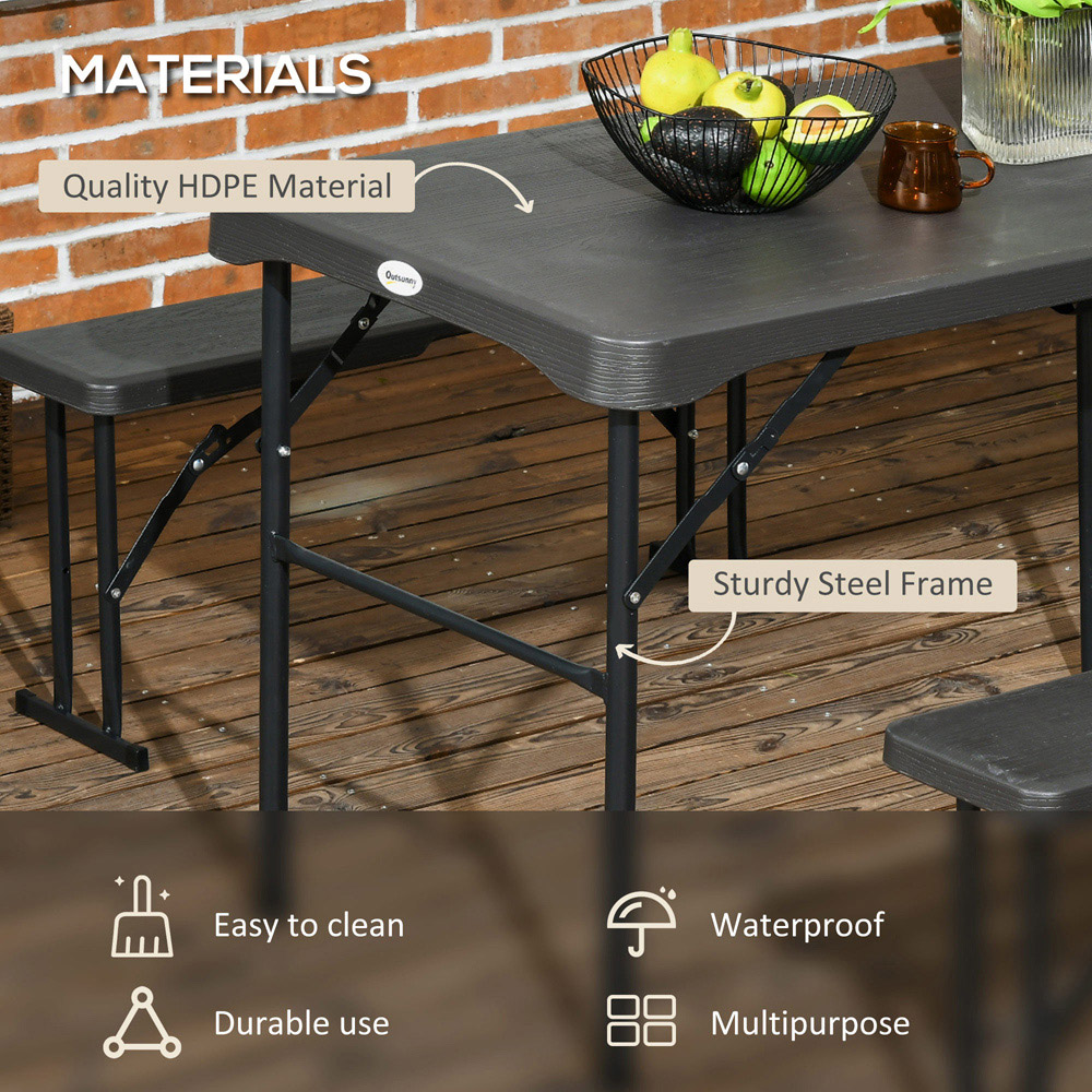 Outsunny 6 Seater HDPE Picnic Beer Table Set with 2 Bench Dark Grey Image 4