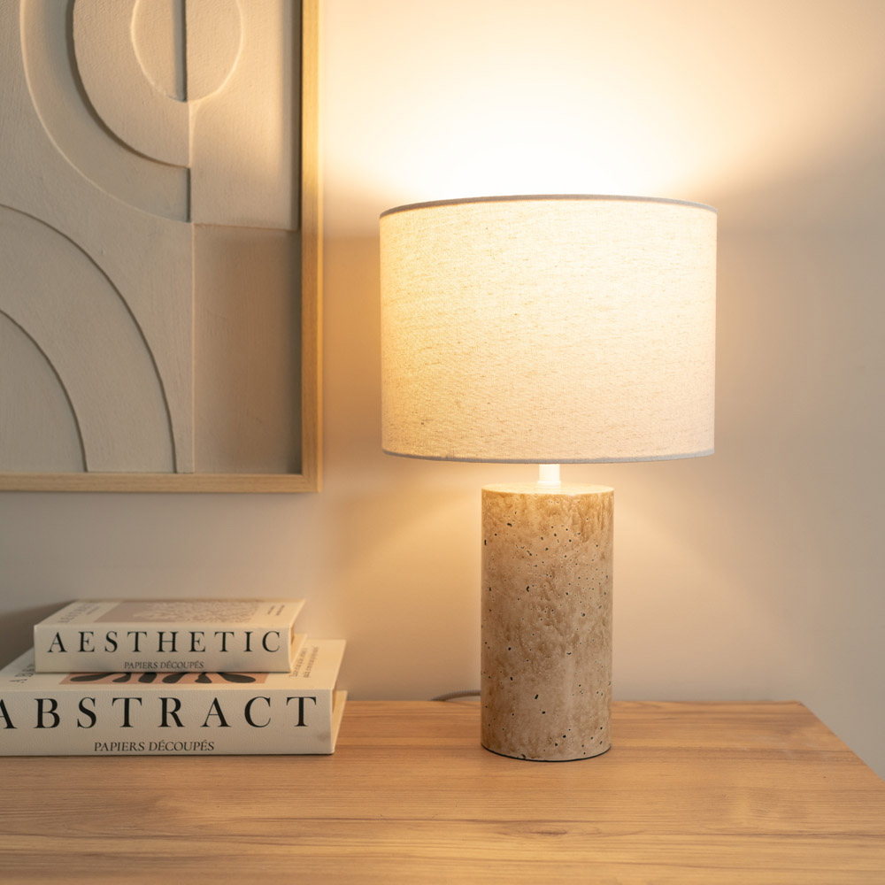 ValueLights Chloe Marble Effect Natural Drum Shade LED Table Lamp Image 2