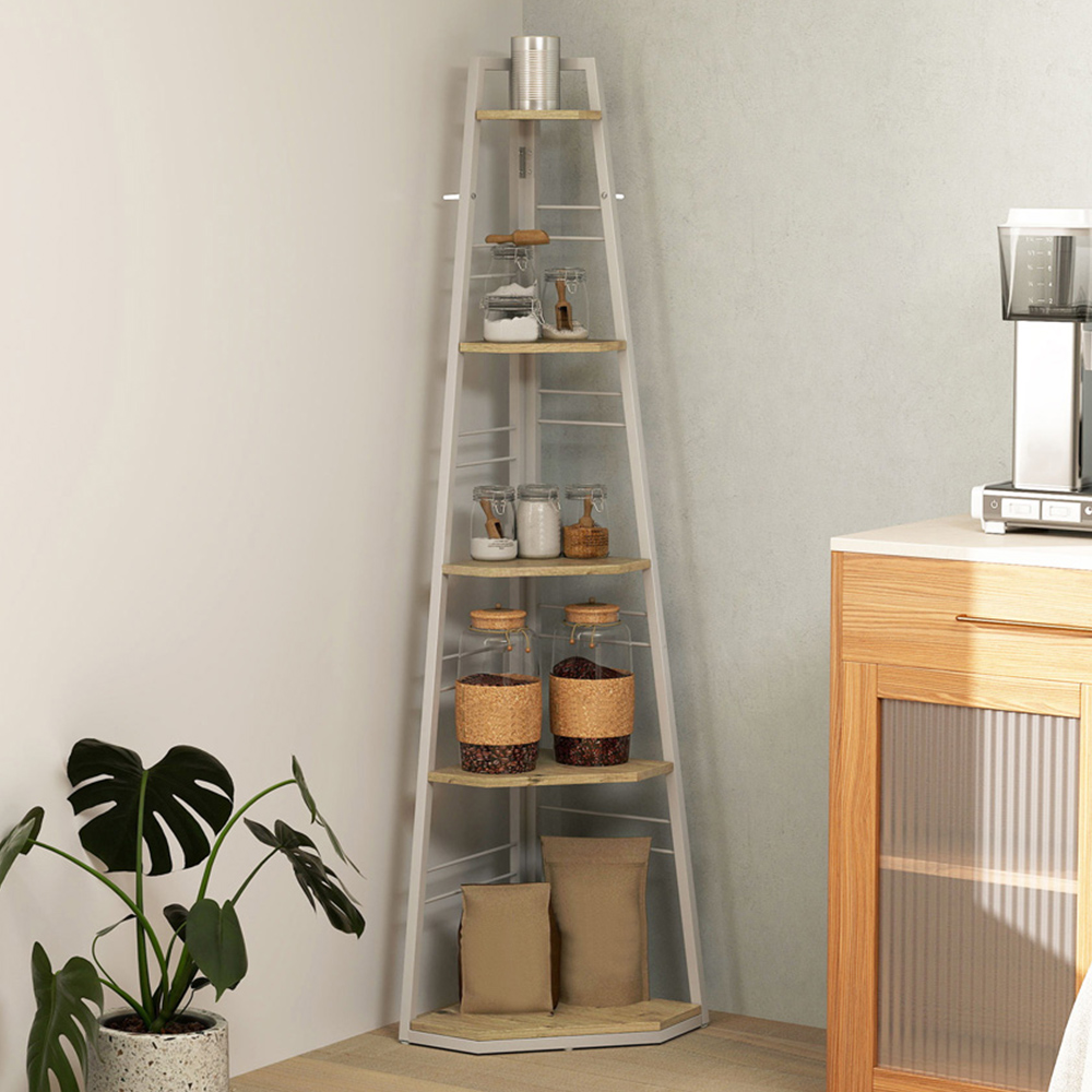 HOMCOM 5 Shelf Natural Wood Corner Adjustable Shelving Unit Image 1