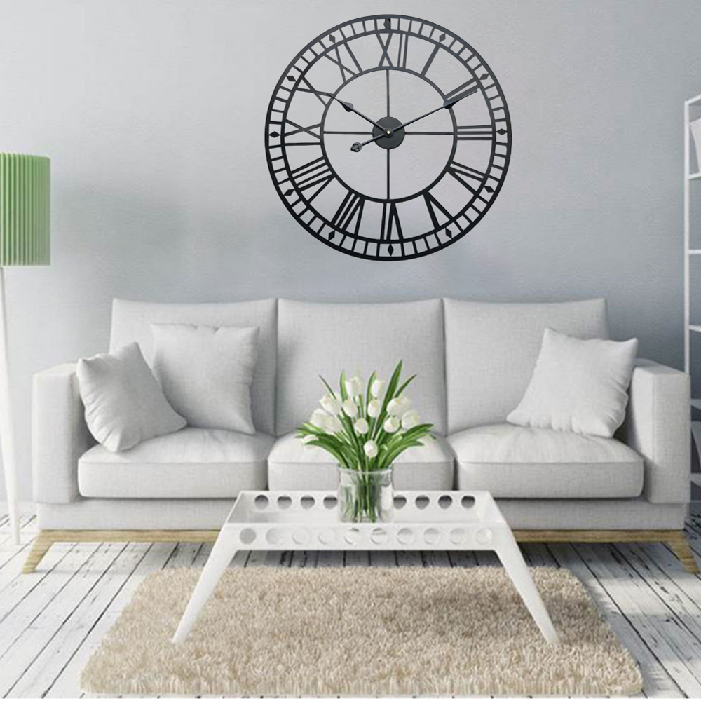 Living and Home Black Roman Round Metal Wall Clock 42cm Image 6