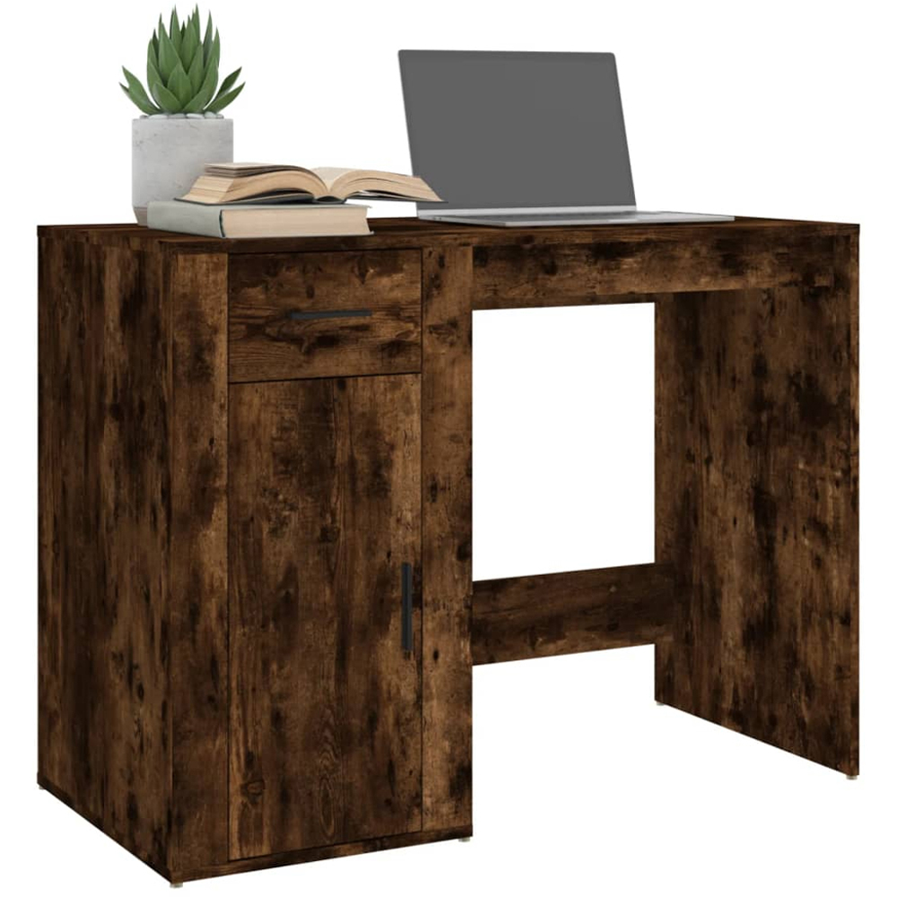 vidaXL Single Door Single Drawer Computer Desk Smoked Oak Image 3