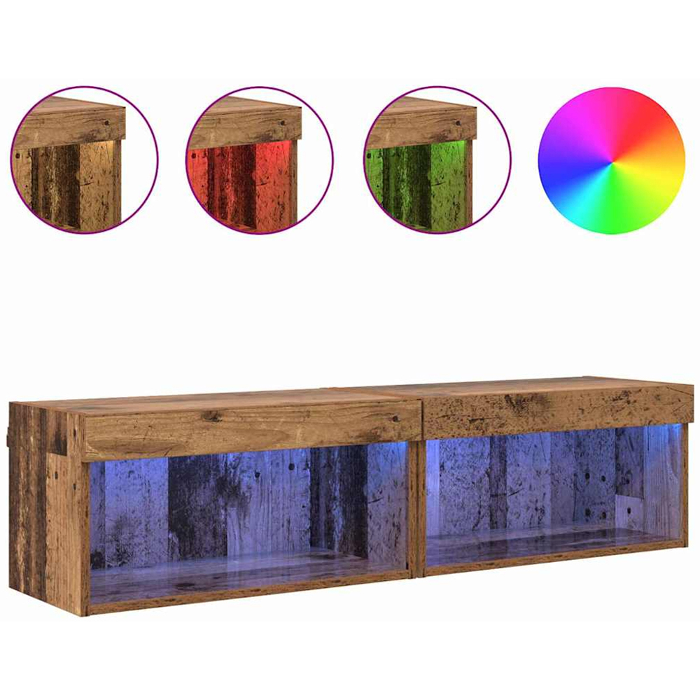 vidaXL Single Shelf Old Wood Wall Mounted Wide TV Cabinet with LED Light 2 Pack Image 4