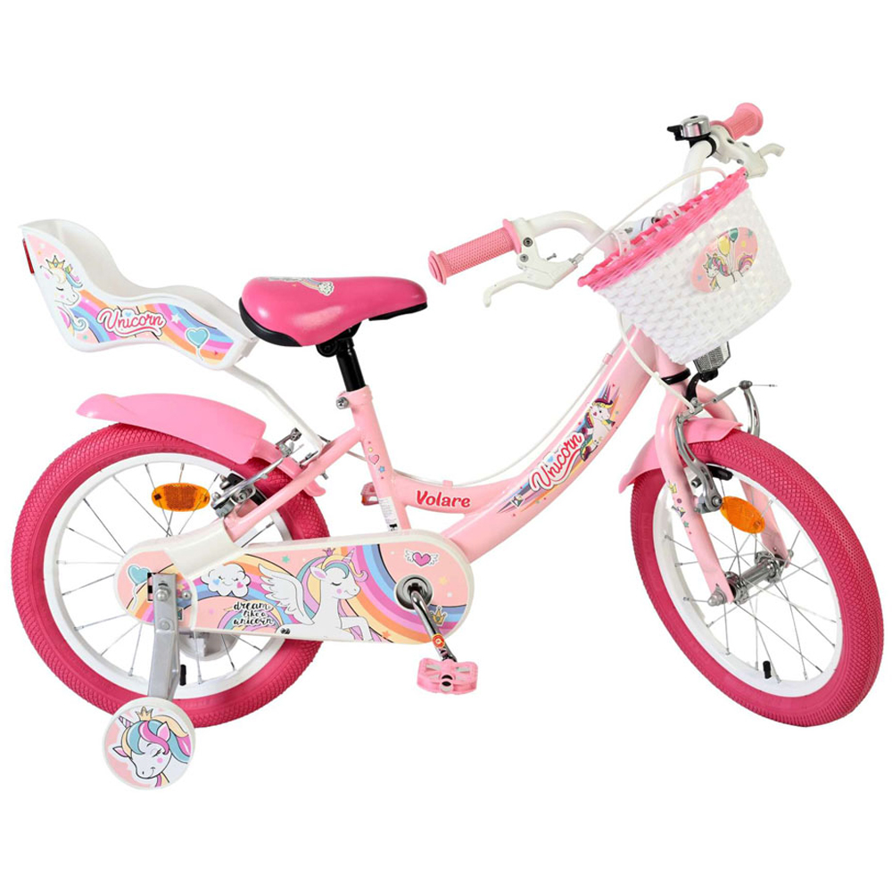 Volare Unicorn Kids 16 inch Pink Bike with Stabilisers Doll Seat and Basket Image 4