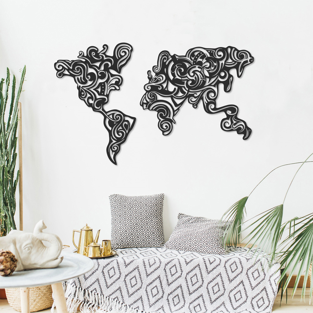 Decortie Black Minimalist Metal Modern Tribal World Map Wall Art Image 2