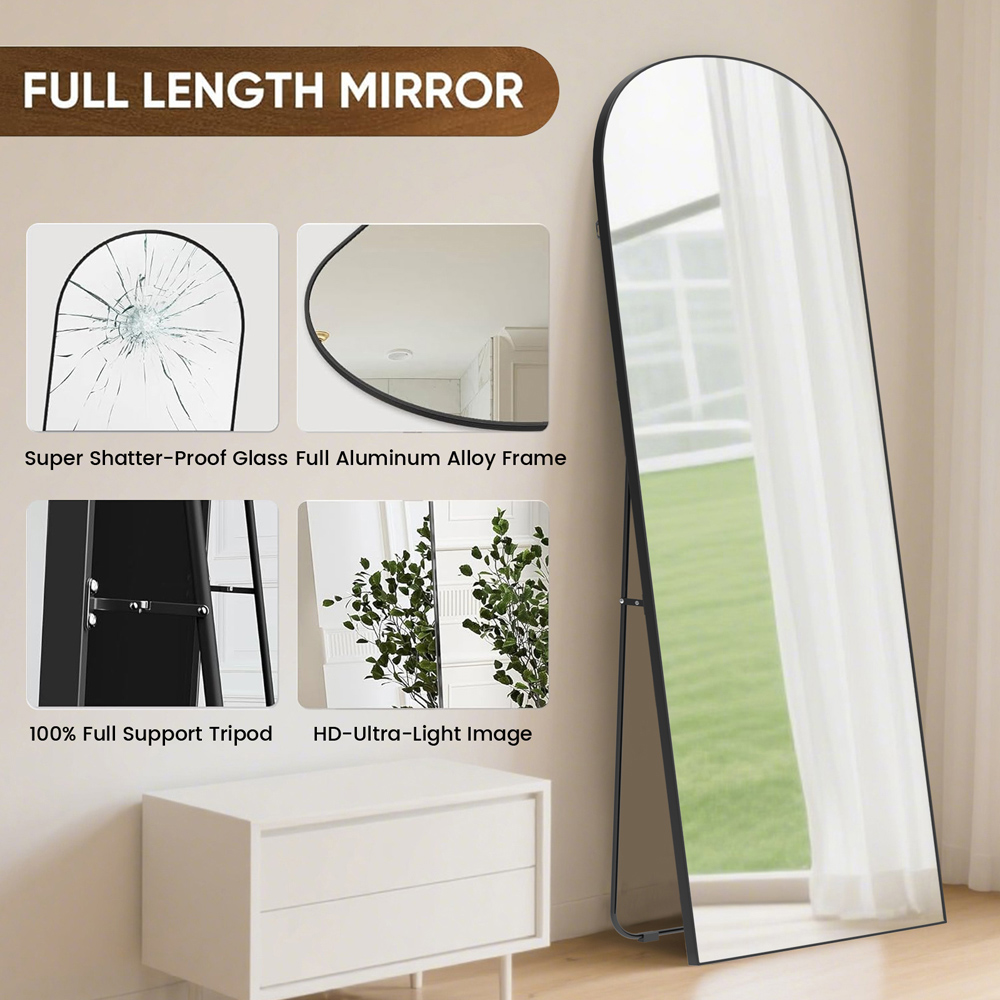 Rattrix Black Aluminium Alloy Frame Arched Full Length Mirror with Stand 162 x 52cm Image 5