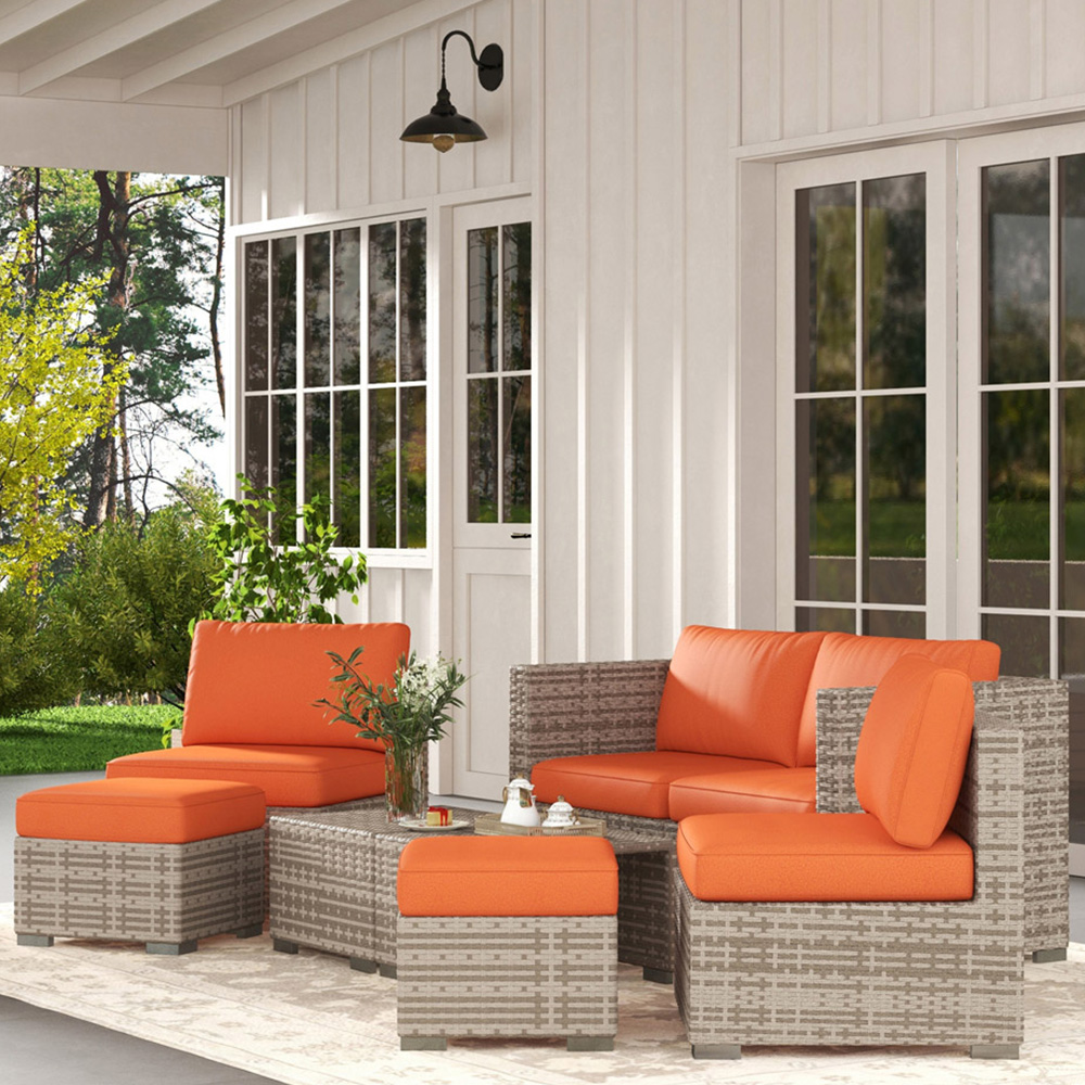 Outsunny 6 Seater Grey and Orange Rattan Sofa Lounge Set Image 1