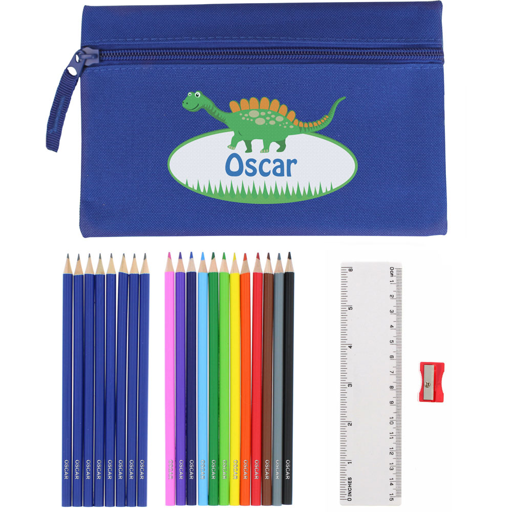 Personalised Memento Blue Dinosaur Pencil Case with Personalised Pencils and Crayons Image 1