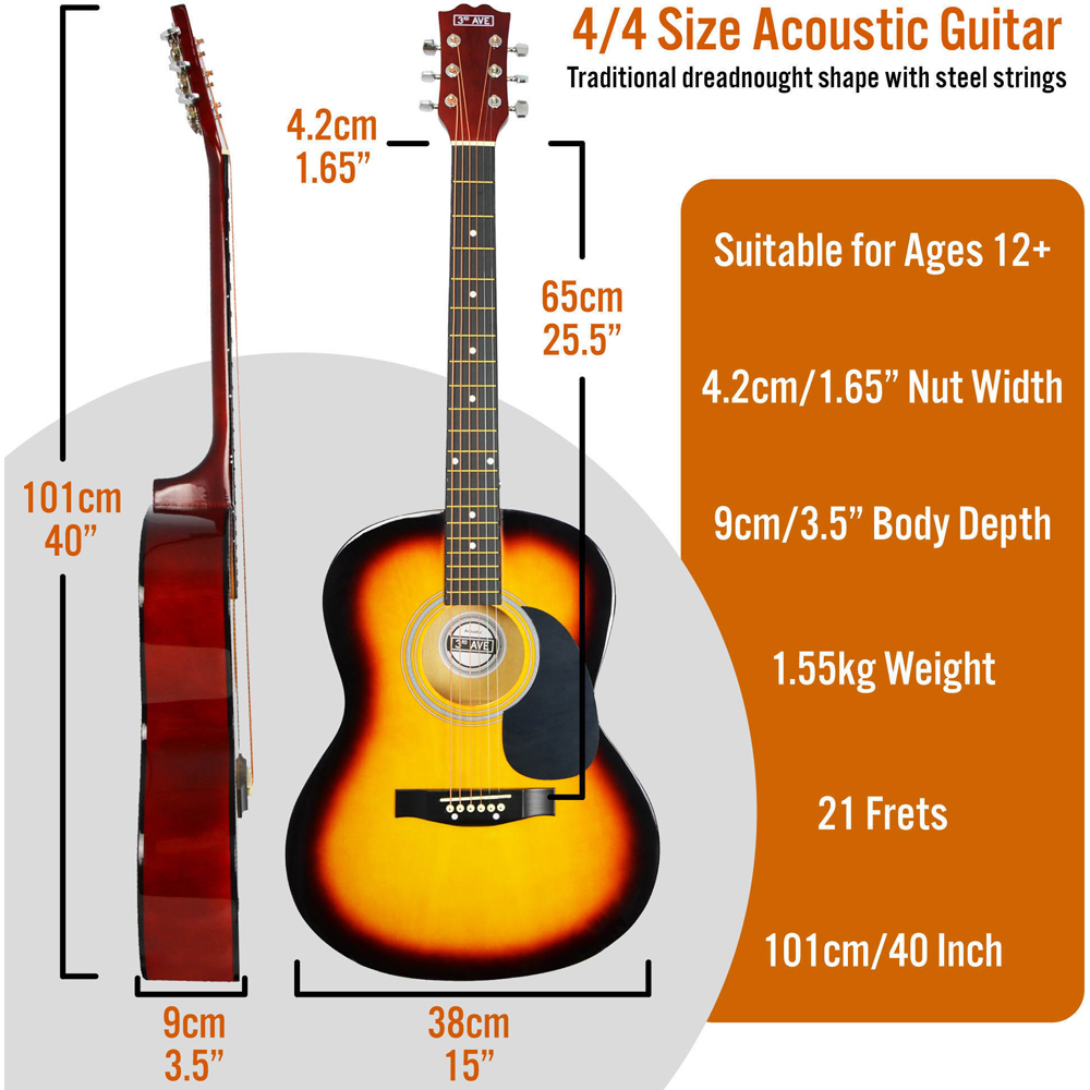 3rd Avenue Premium Sunburst Full Size Acoustic Guitar Set Image 6