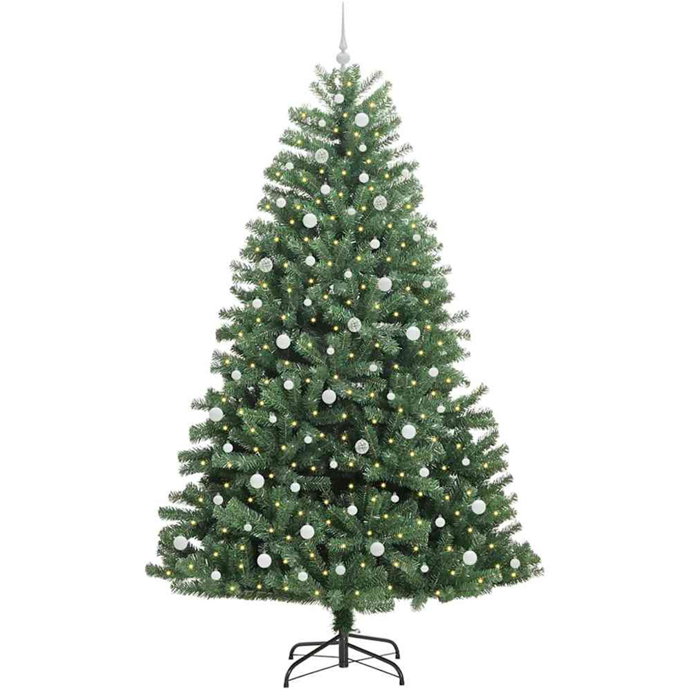 vidaXL Pre-Lit White Baubles Green Artificial Hinged Christmas Tree 8ft Image 1