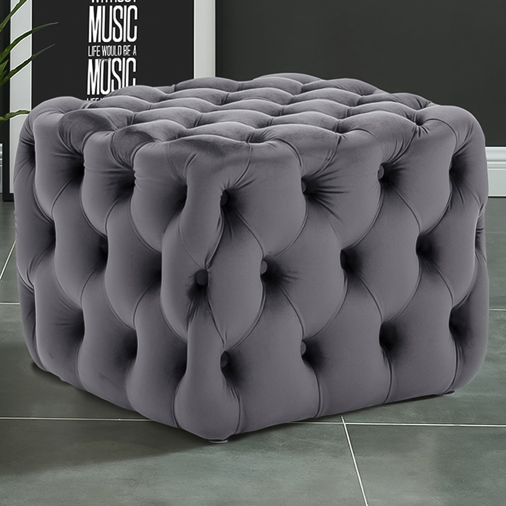 Living and Home Grey Square Velvet Upholstered Buttoned Footstool with Buckle Design Image 1