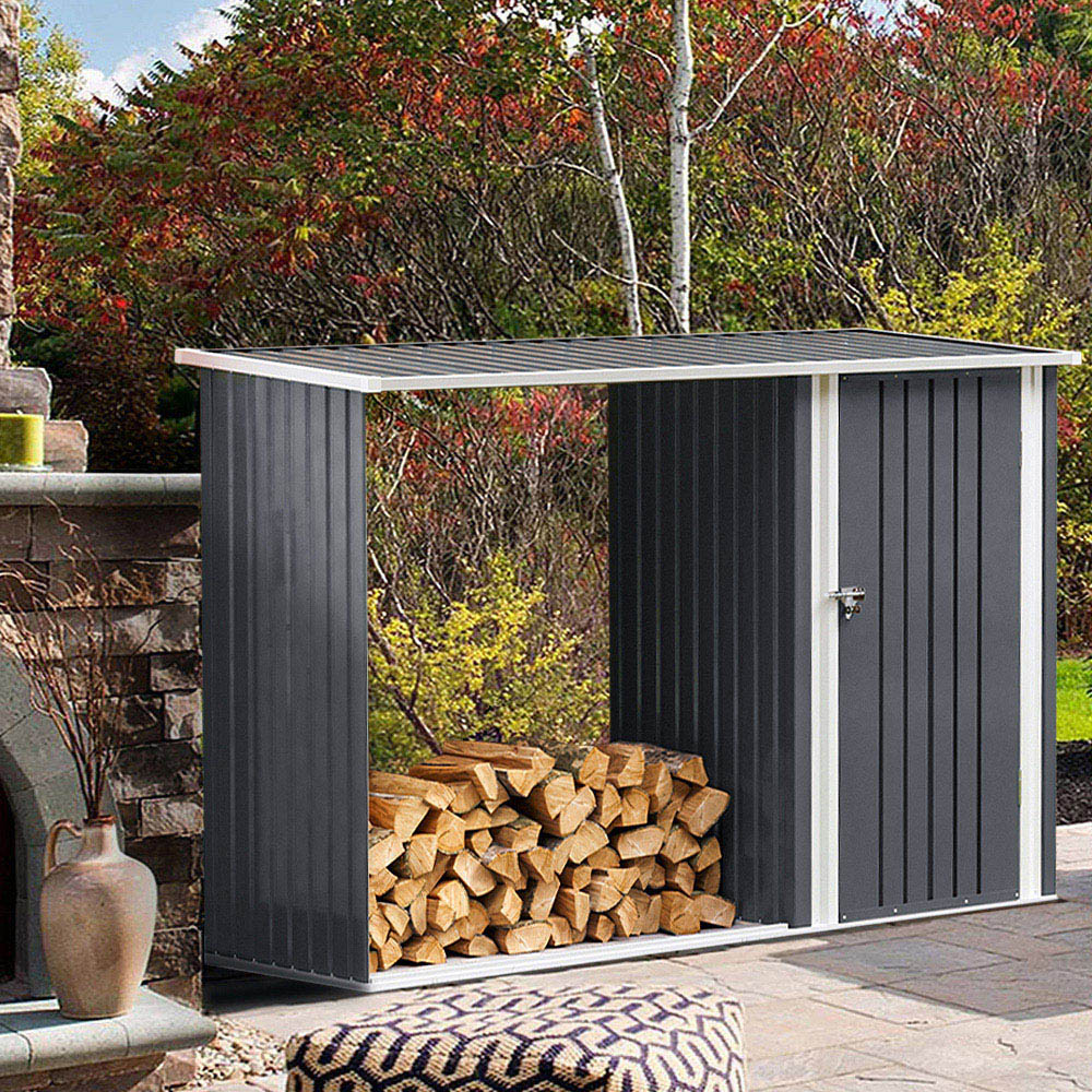Living and Home 5.2 x 8.2ft Black Steel Garden Storage Shed with Log Rack Image 5