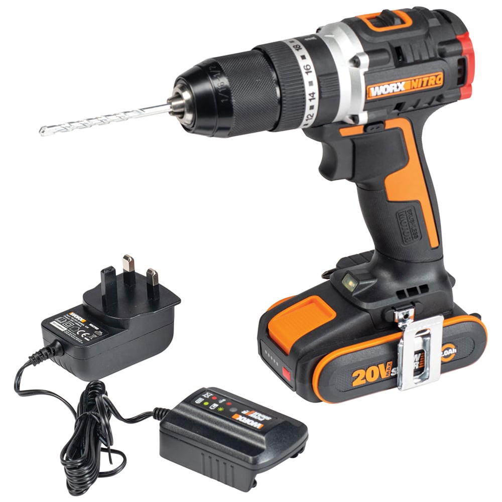 Worx WX355.1 20V 55Nm Cordless Combi Drill with 2.0Ah Battery and Charger Case Image 1
