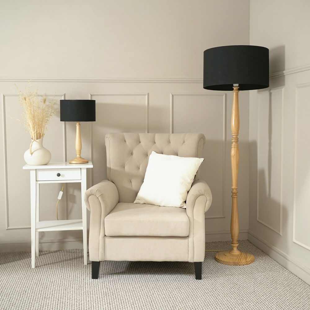 ValueLights Victoria Black Fabric Drum Shade Light Wood Traditional Stem LED Floor Lamp Image 4