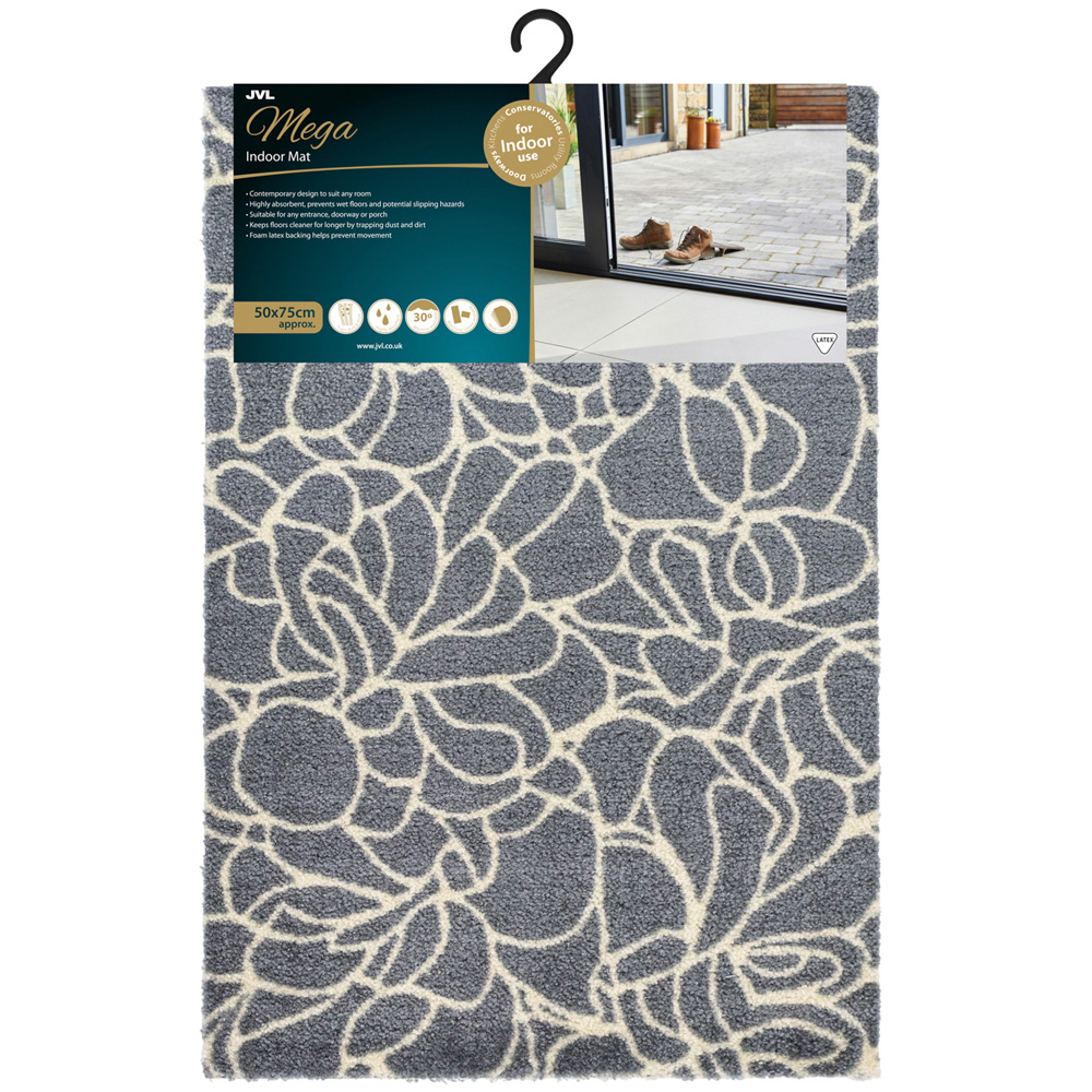 JVL Mega Grey Floral Latex Backed Door Mat and Runner Set Image 2