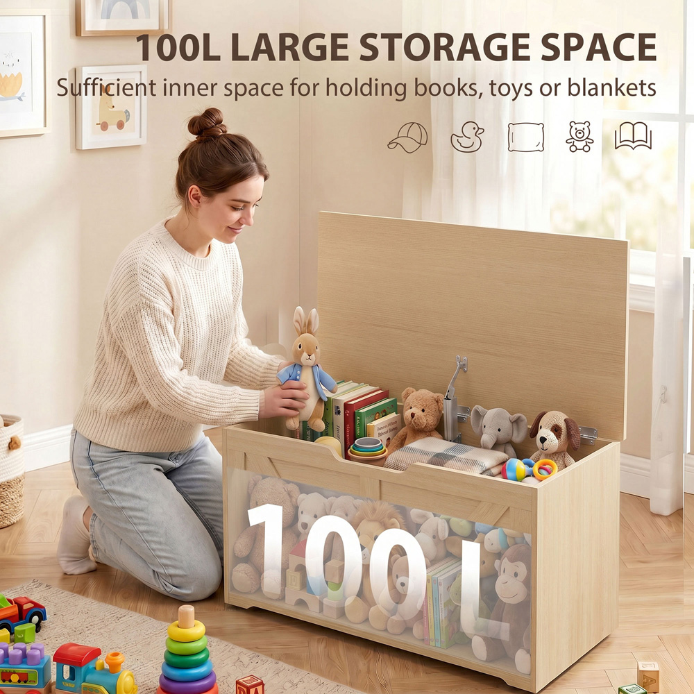 HOMCOM 100L Nature Wood Storage Trunk with Safety Hinge Image 5