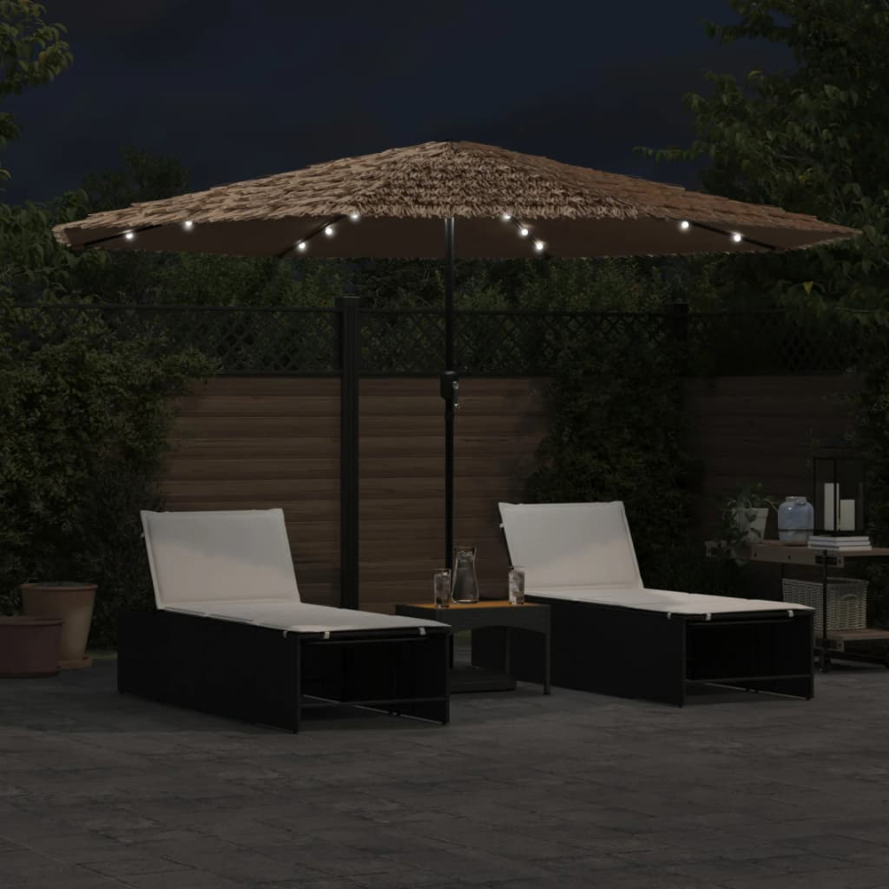 vidaXL Brown LED Light Straw Top Garden Parasol with Steel Pole 3.8m Image 2