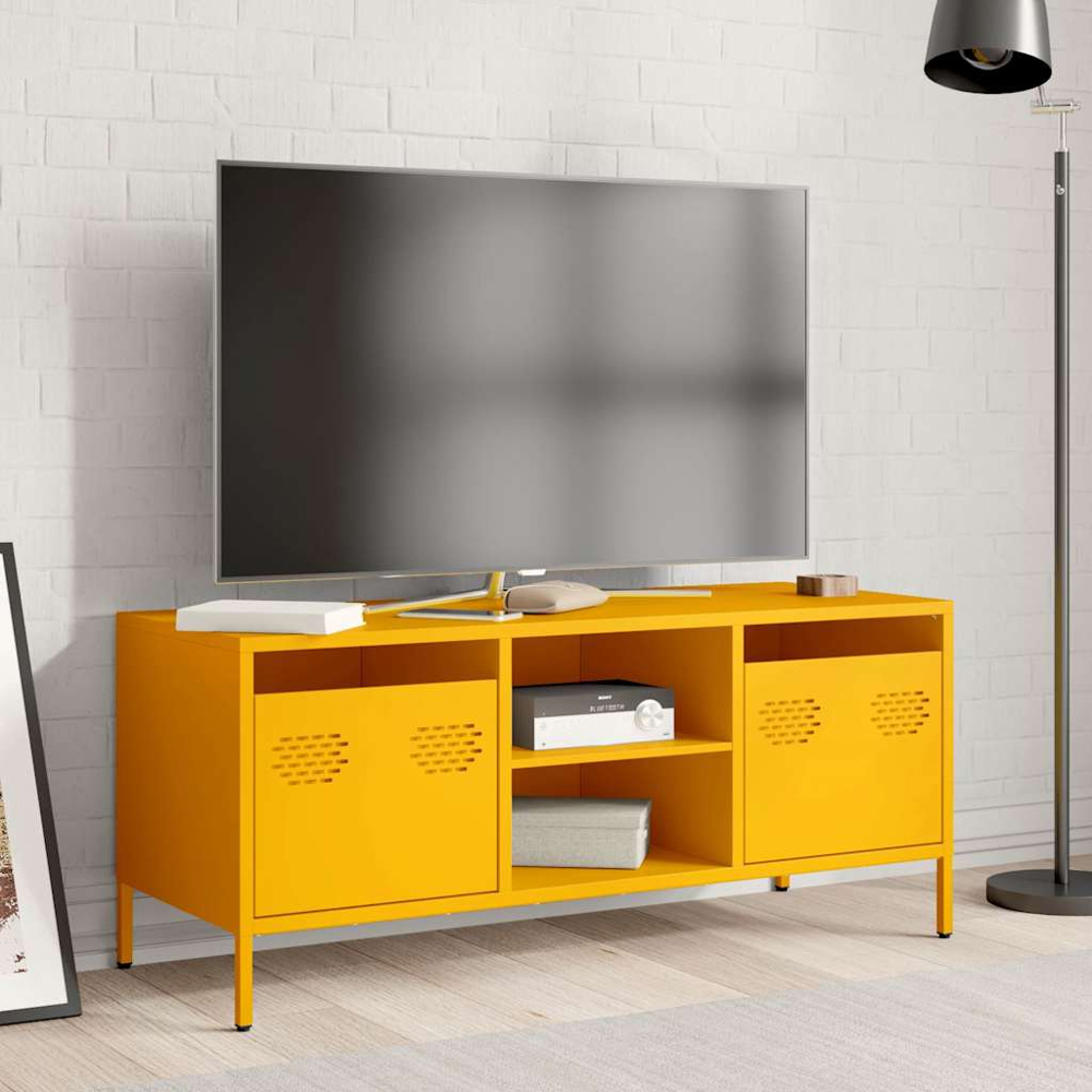 vidaXL 2 Drawer 2 Shelf Mustard Yellow Steel Industrial Style TV Cabinet Image 7