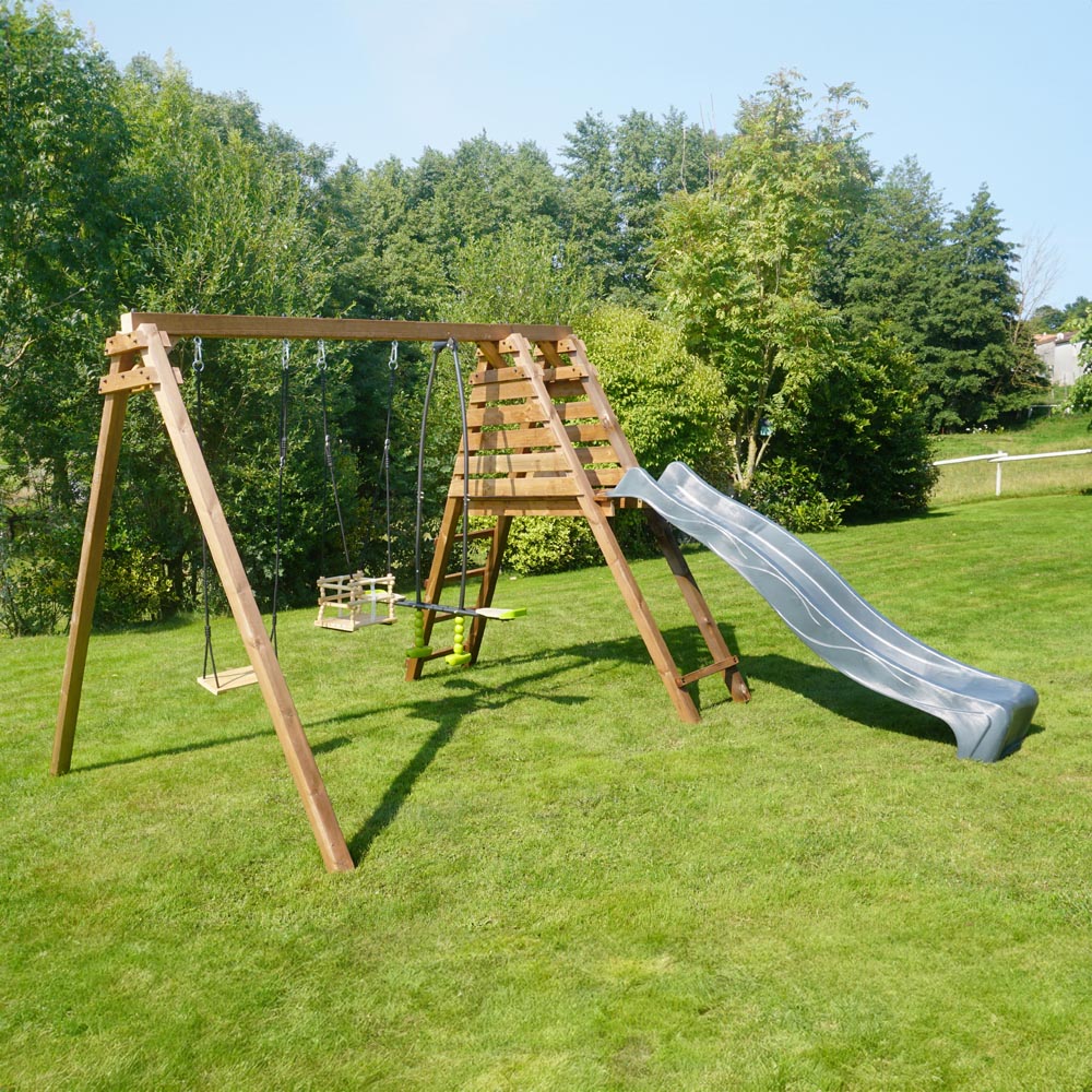 Soulet Trefle Kids Wooden Triple Swing Set with Slide Image 8