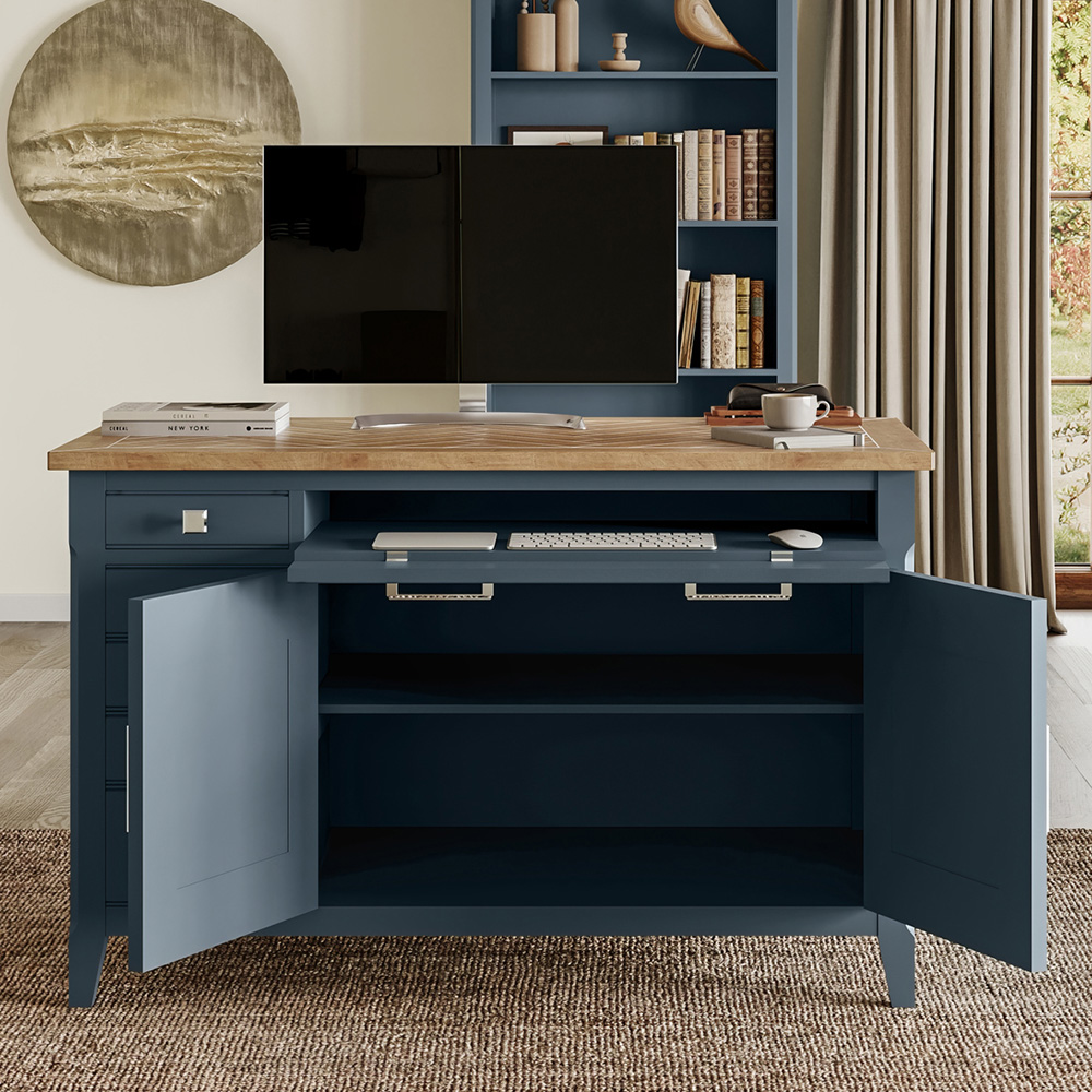 Baumhaus Signature 2 Door 5 Drawer Blue Hidden Home Office Desk Image 5