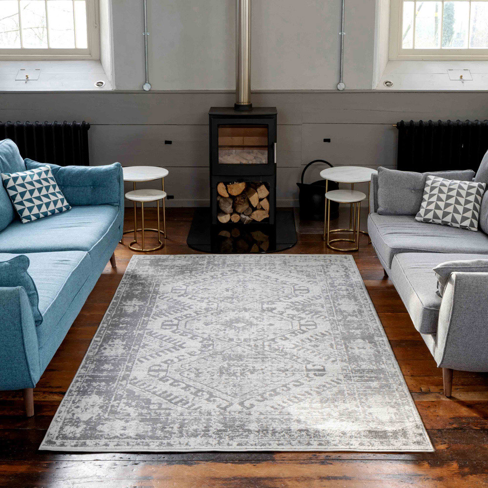 Kukoon Silver and Grey Bordered Geometric Distressed Rug 150 x 80cm Image 2