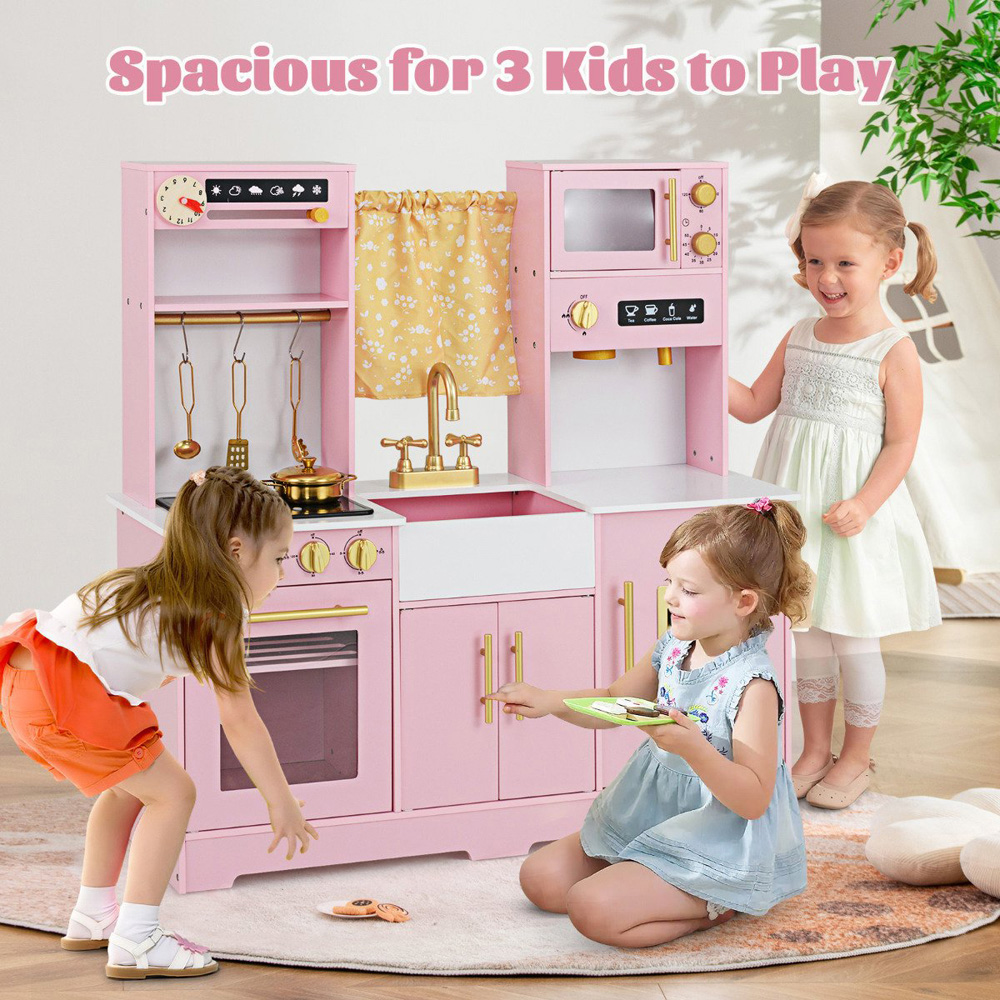 Costway Kids Pink Kitchen Play Set with Coffee Maker Stove Top Golden Utensils Image 5
